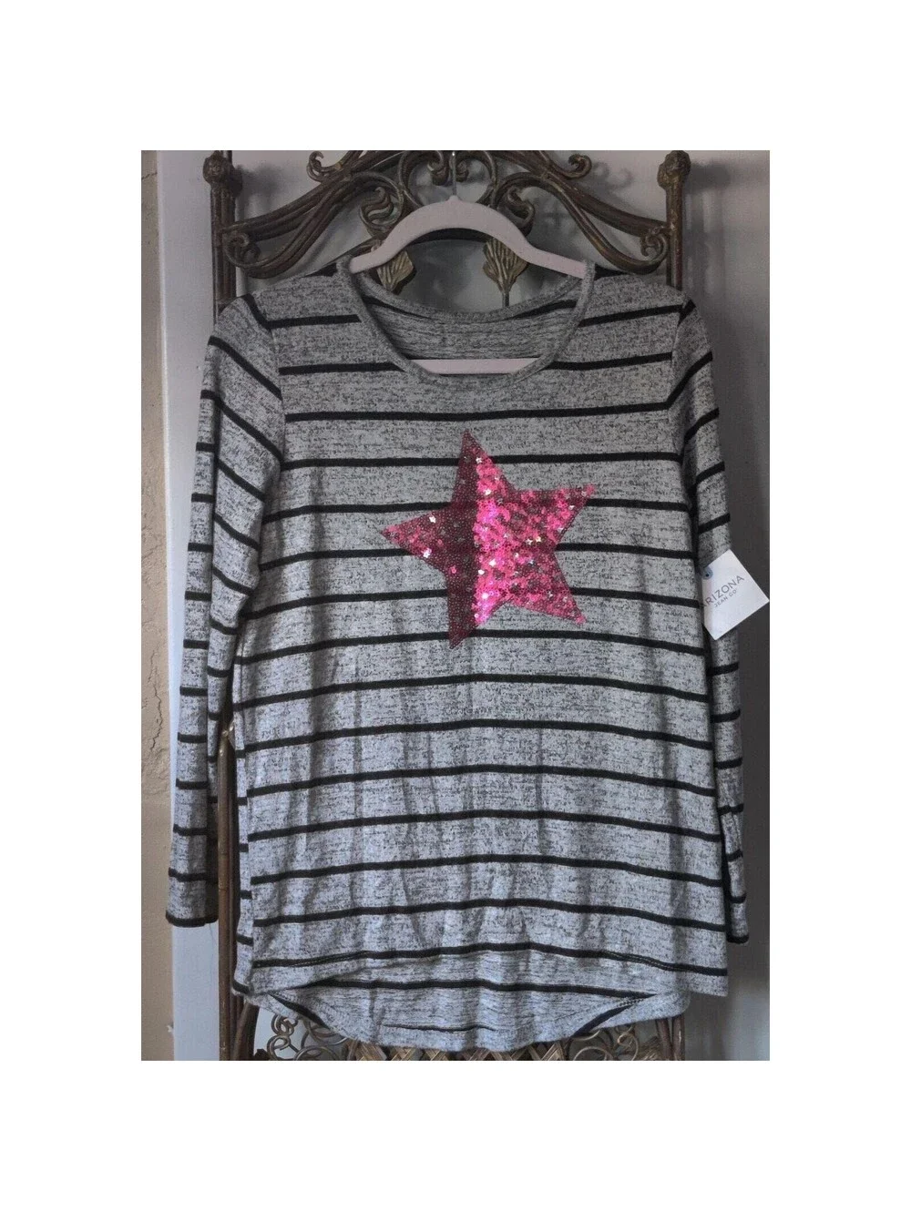 Arizona Jean Co Girls Plus Size L 14.5 16.5 Striped Long Sleeve Sequin Star Top